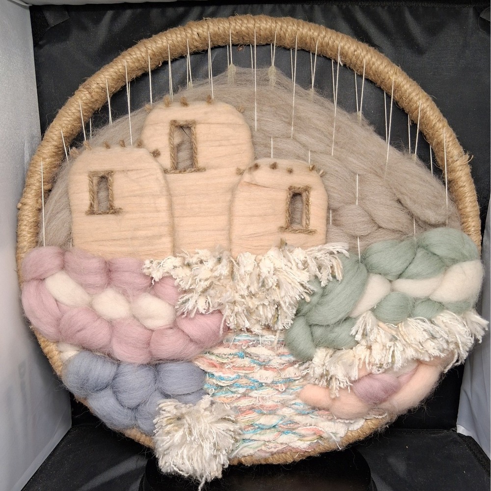 SW Pueblo Fiber Art Wall Hanging Round Woven Wool Roving Jute Frame 14in